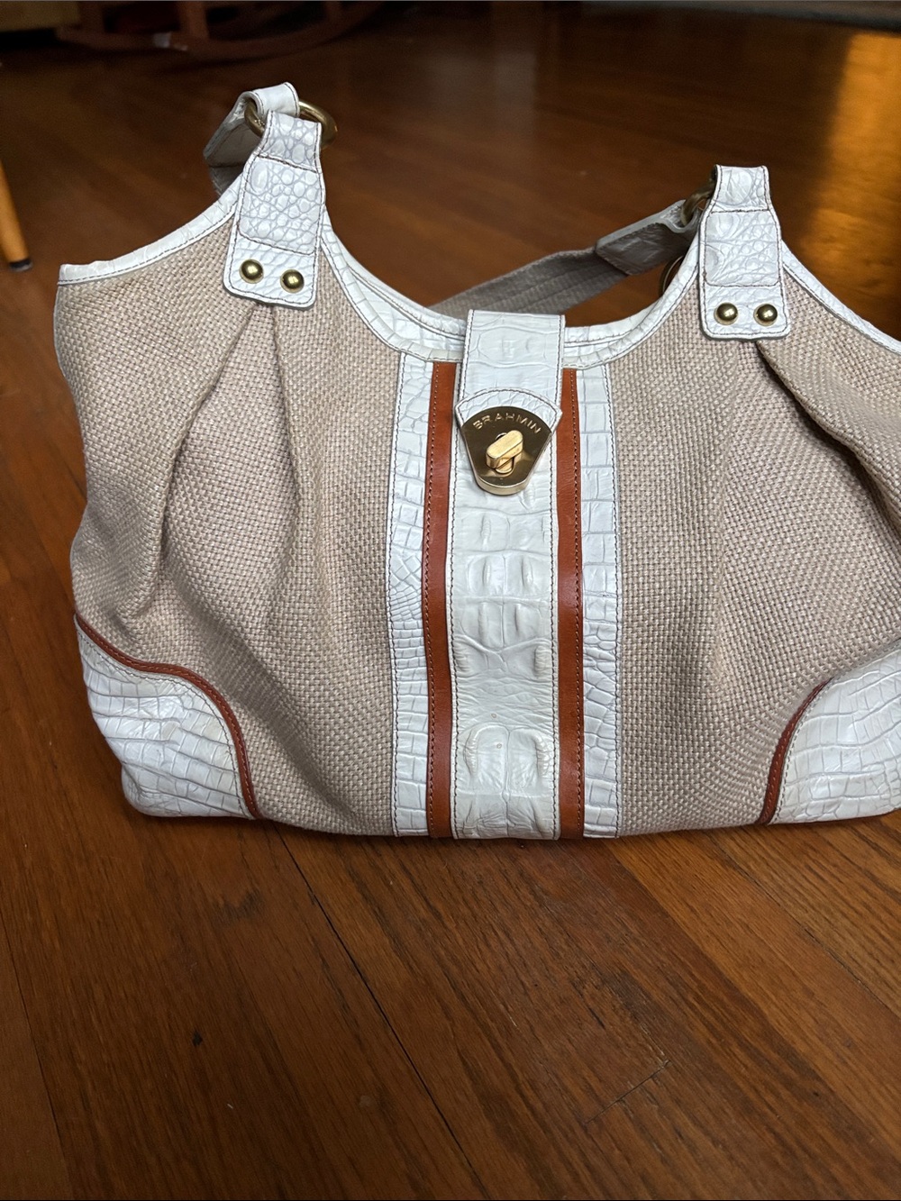Brahmin Beige & White Shoulder Bag with Crocodile-Embossed Leather Trim, Bottom